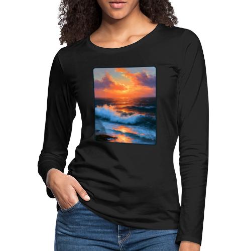 Sunset Storm Waves Oil Painting - Women's Premium Slim Fit Long Sleeve T-Shirt