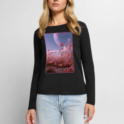 Cosmic Moon & Cosmos Flowers Art - Women's Premium Slim Fit Long Sleeve T-Shirt