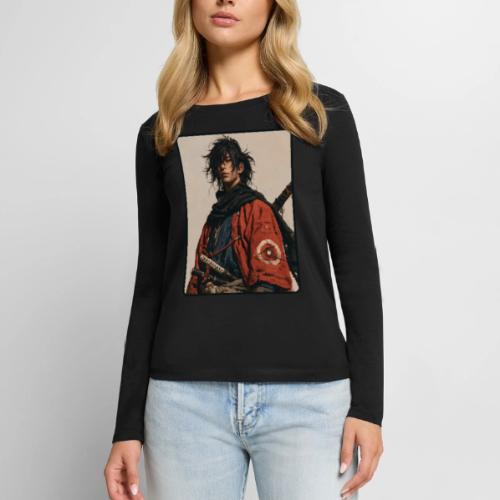 Young Samurai Warrior Portrait - Women's Premium Slim Fit Long Sleeve T-Shirt