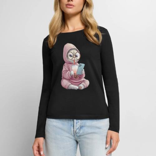 Cool Cat Bubble Tea Cartoon Design - Women's Premium Slim Fit Long Sleeve T-Shirt
