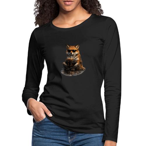 Cool Red Fox Wearing Sunglasses Drinking Coffee - Women's Premium Slim Fit Long Sleeve T-Shirt