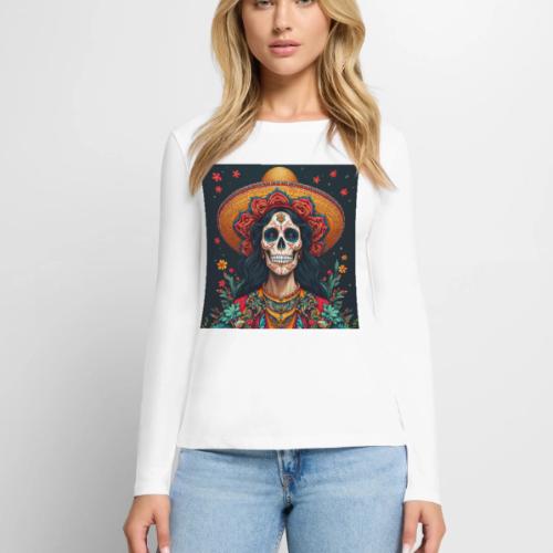 Charra Skull Art | Traditional Mexican Design - Women's Premium Slim Fit Long Sleeve T-Shirt