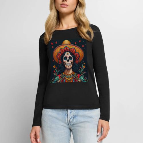 Charra Skull Art | Traditional Mexican Design - Women's Premium Slim Fit Long Sleeve T-Shirt