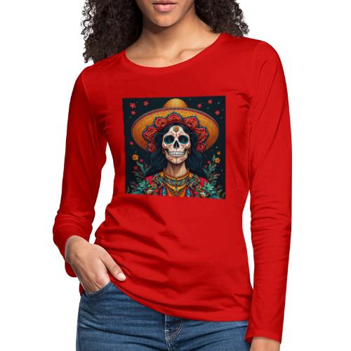Charra Skull Art | Traditional Mexican Design - Women's Premium Slim Fit Long Sleeve T-Shirt