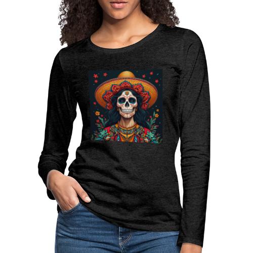 Charra Skull Art | Traditional Mexican Design - Women's Premium Slim Fit Long Sleeve T-Shirt