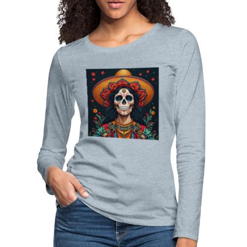 Charra Skull Art | Traditional Mexican Design - Women's Premium Slim Fit Long Sleeve T-Shirt