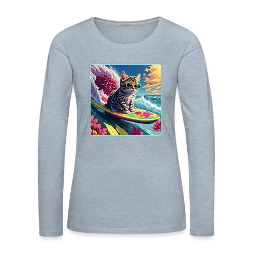 Kitten Surfing A Pink Flower Wave - Women's Premium Slim Fit Long Sleeve T-Shirt