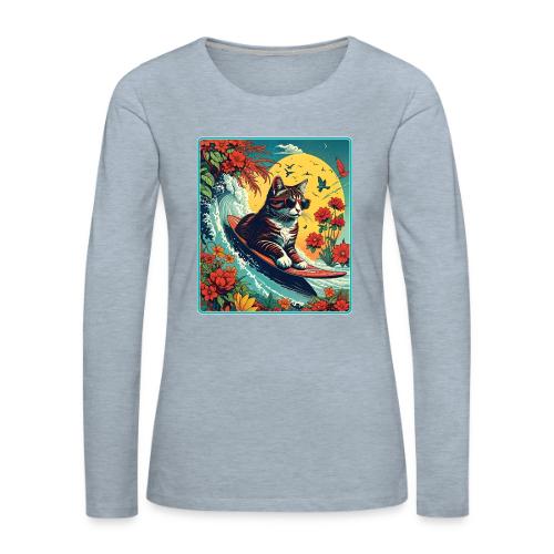 Kitten Surfing In Flowers - Women's Premium Slim Fit Long Sleeve T-Shirt