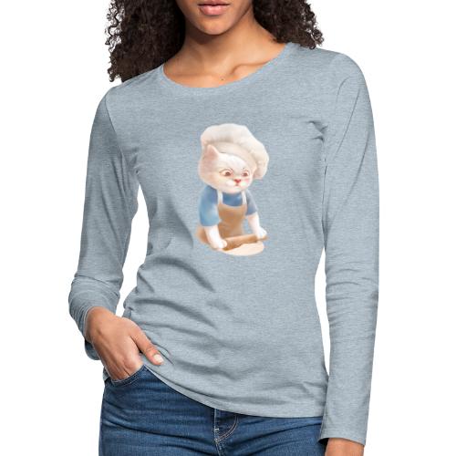 Cat In Chef Hat Rolling Dough at Kitchen - Women's Premium Slim Fit Long Sleeve T-Shirt