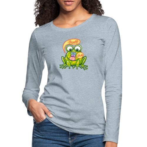 Mischievous green frog ready to eat a yummy fly - Women's Premium Slim Fit Long Sleeve T-Shirt