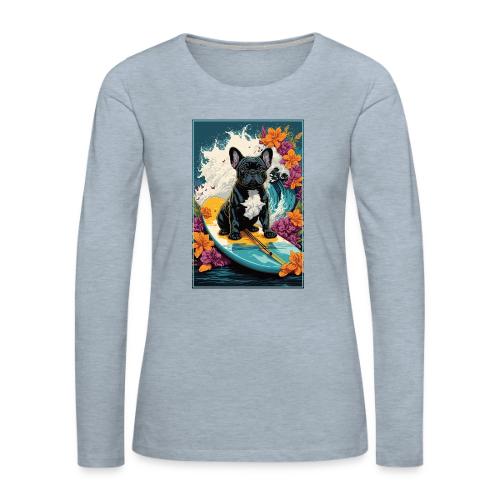 French Bulldog Surfing A Flower Wave - Women's Premium Slim Fit Long Sleeve T-Shirt