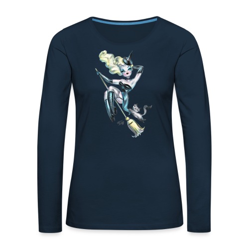 Pinup Retro Witch with Kitty - Women's Premium Slim Fit Long Sleeve T-Shirt