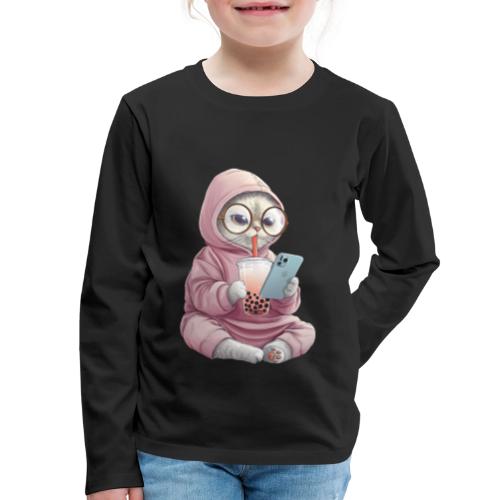 Cool Cat Bubble Tea Cartoon Design - Kids' Premium Long Sleeve T-Shirt