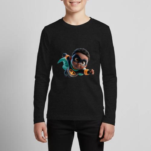 Brave Cartoon Superhero Boy in Green Cape - Kids' Premium Long Sleeve T-Shirt