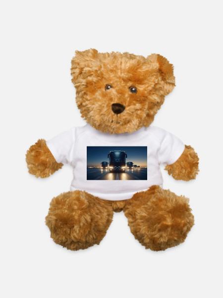 Night Bus Convoy on the Highway - Teddy Bear - white