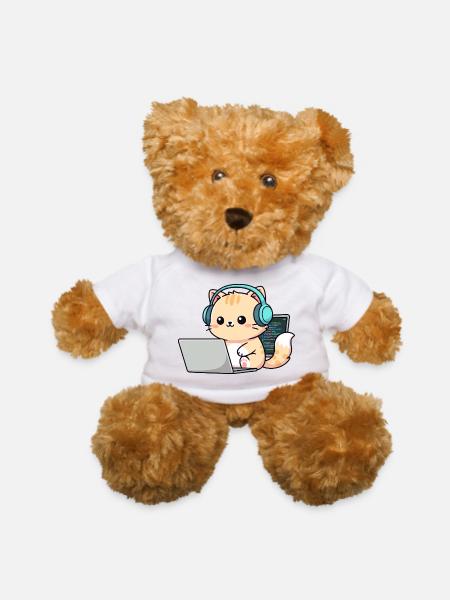Cute Orange Tabby with Headphones and Laptop - Teddy Bear - white - Front
