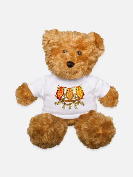 Three colorful owls with pine tree branches - Teddy Bear - white - Front