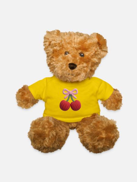 Knit Rope Cherries with Pink Bow - Teddy Bear - yellow