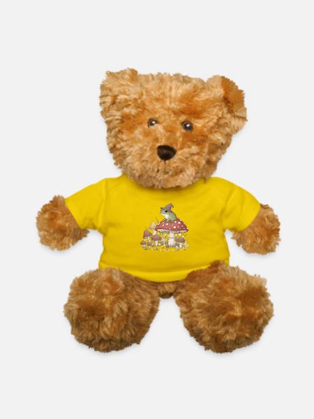 Whimsical Forest Frog in Magic Mushroom Scene - Teddy Bear - yellow