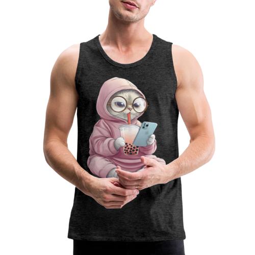 Cool Cat Bubble Tea Cartoon Design - Men's Premium Tank