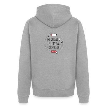 Brain Reboot Reset Button Tee - Unisex Premium Organic Zip Hoodie - heather grey - Back - Nico (187cm)