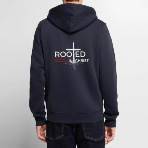 Rooted in Christ (white) - Colossians 2:7 - Unisex Premium Organic Zip Hoodie