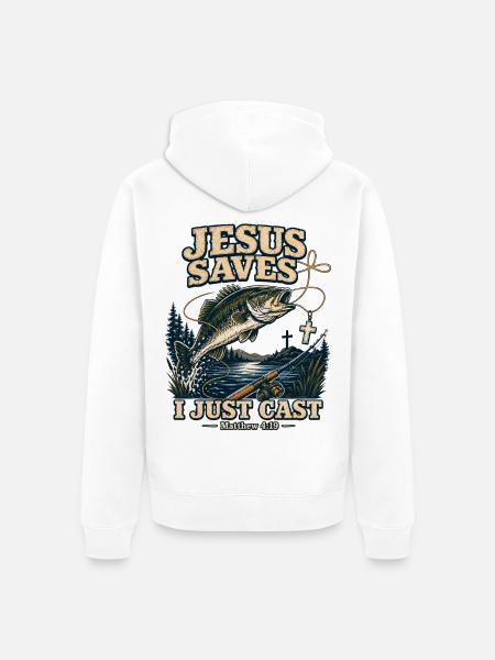 Jesus Saves I Just Cast Christian Fishing - Unisex Premium Organic Zip Hoodie - white