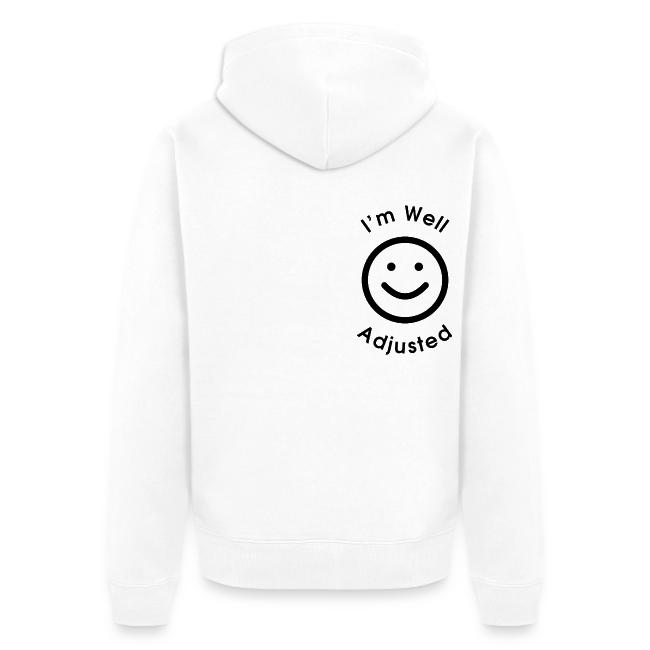 Flat product shot of a white Unisex Premium Organic Zip Hoodie with a small left-chest I'm Well Adjusted logo