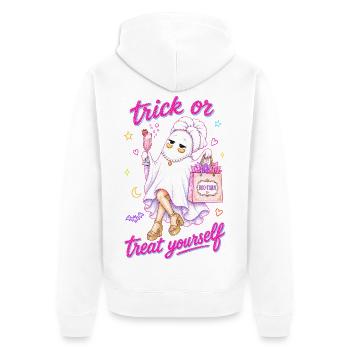 Trick Or Treat Yourself Spa Ghost Neon Pink  - Unisex Premium Organic Zip Hoodie - white - Back - Nico (187cm)