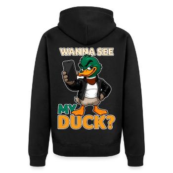 Tu veux voir mon canard ? Jeu de mots drôle avec un canard - Veste à capuche bio Premium Unisexe - noir - Dos - Nico (187cm)