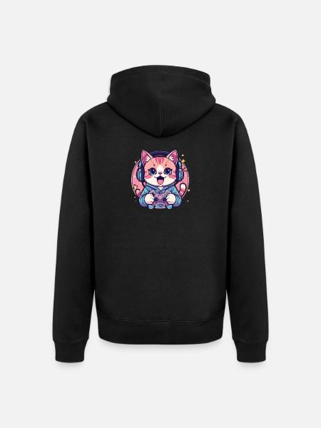 Pixel Purring Gamer Kitty - Unisex Premium Organic Zip Hoodie - black