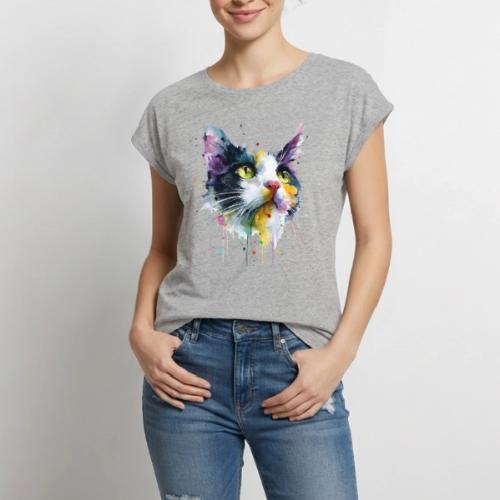 Cat: Painted Purr Expression - Women's Premium Roll Up Sleeve T-Shirt