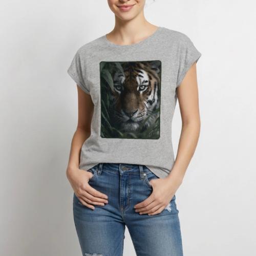 Tiger Jungle Eyes Wildlife Design - Women's Premium Roll Up Sleeve T-Shirt