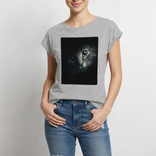 Cat Face in Shadow Close-Up Design - Women's Premium Roll Up Sleeve T-Shirt