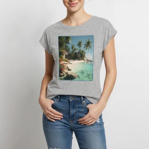 Serene Tropical Beach Floral Design - Women's Premium Roll Up Sleeve T-Shirt