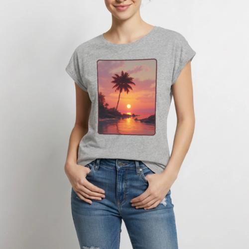 Tropical Beach Sunset Palm Design - Women's Premium Roll Up Sleeve T-Shirt