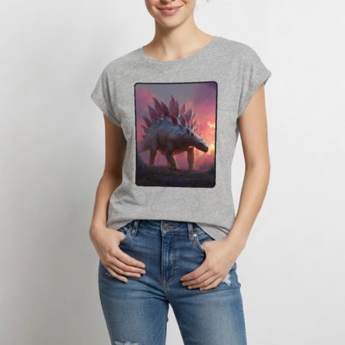 Stegosaurus Sunset Forest Design - Women's Premium Roll Up Sleeve T-Shirt
