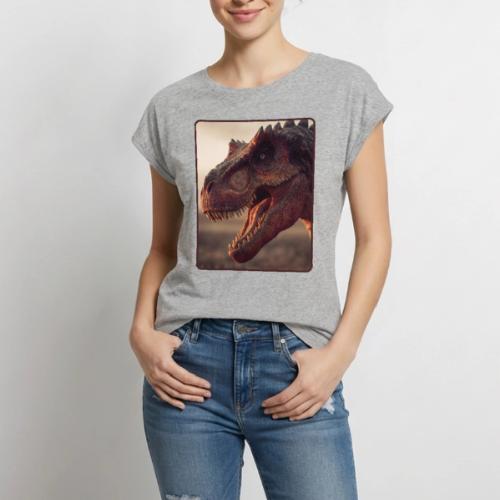 T Rex Roaring Close-Up Design - Women's Premium Roll Up Sleeve T-Shirt