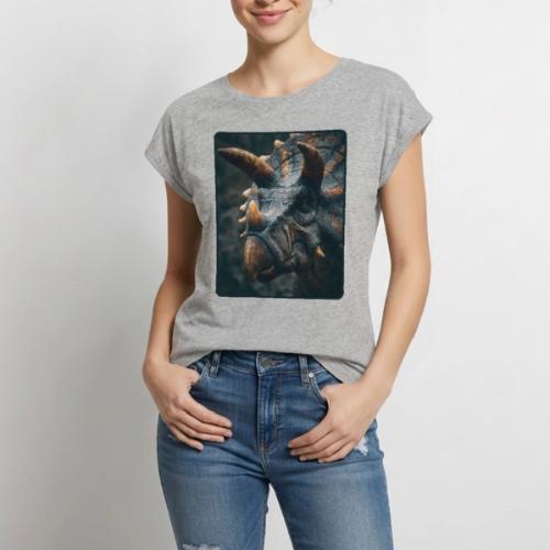 Triceratops Detailed Portrait Design - Women's Premium Roll Up Sleeve T-Shirt