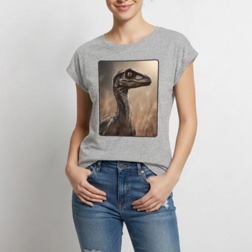 Velociraptor Feathered Portrait Design - Women's Premium Roll Up Sleeve T-Shirt