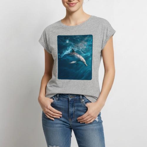 Dolphin Sunlit Ocean Serenity Design - Women's Premium Roll Up Sleeve T-Shirt