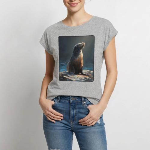 Fur Seal Artistic Shore Portrait Design - Women's Premium Roll Up Sleeve T-Shirt