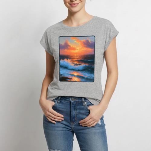Sunset Storm Waves Oil Painting - Women's Premium Roll Up Sleeve T-Shirt