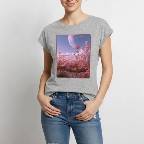 Cosmic Moon & Cosmos Flowers Art - Women's Premium Roll Up Sleeve T-Shirt