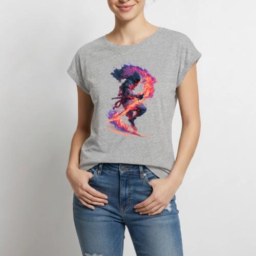 Flaming Ninja Warrior Fantasy Design - Women's Premium Roll Up Sleeve T-Shirt