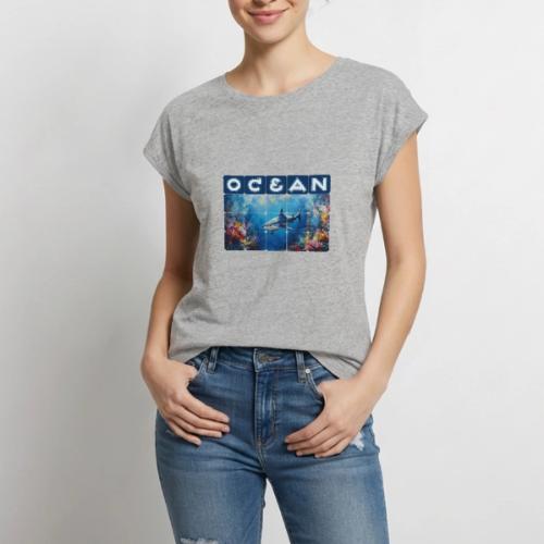 Ocean: Synthwave Shark - Women's Premium Roll Up Sleeve T-Shirt
