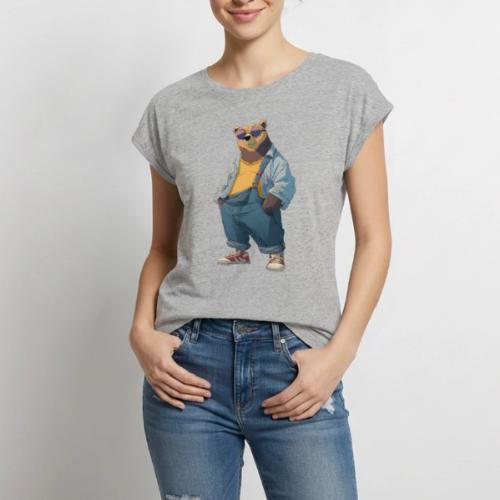 Fashion Streetwear Bear Cartoon Art - Women's Premium Roll Up Sleeve T-Shirt