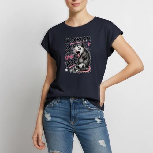 Funny Opossum Screaming Graphic Tee - Women's Premium Roll Up Sleeve T-Shirt