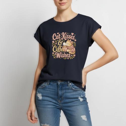 Cat Kisses & Coffee Wishes Faux Stitched - Women's Premium Roll Up Sleeve T-Shirt