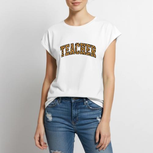 Leopard Print Teacher Typography - Women's Premium Roll Up Sleeve T-Shirt